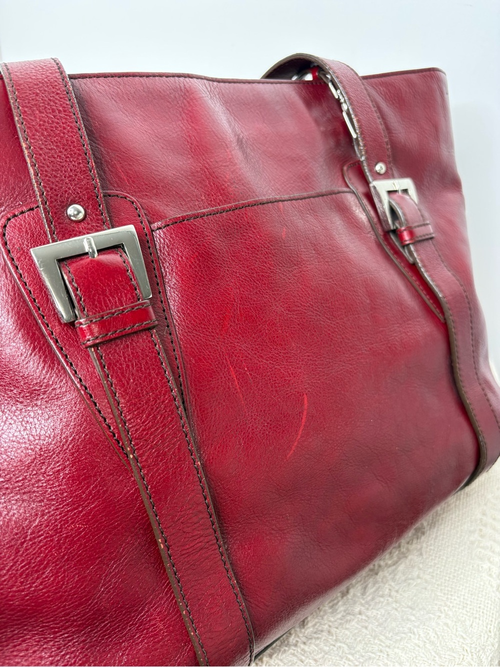 Y2K Vintage Etienne Aigner Red Large Pebble Leather Top-Zip Tote Bag - Picture 4 of 11